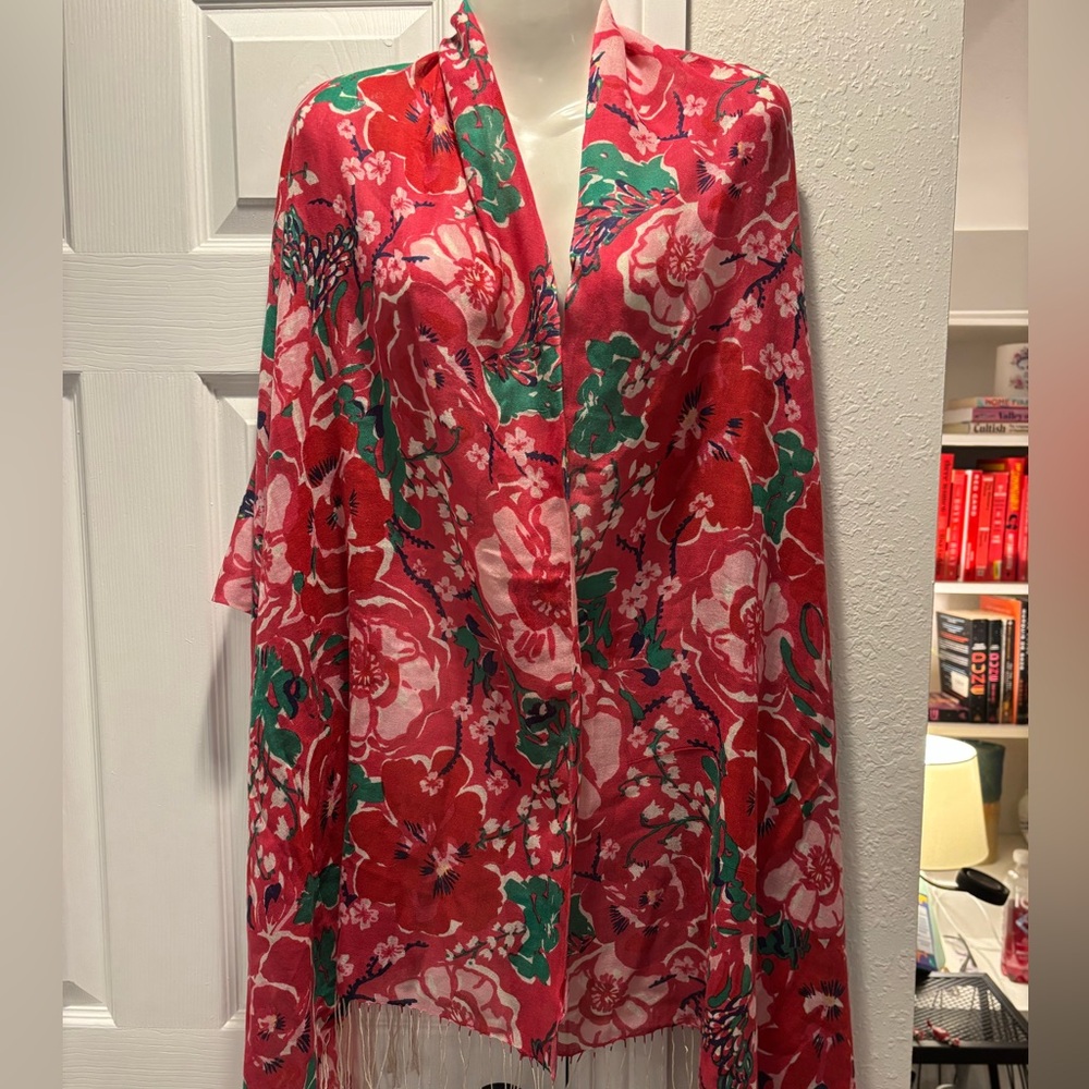 Lilly Pulitzer Pink Green Floral Cashmere Silk Large Fringe Scarf - Picture 4 of 6